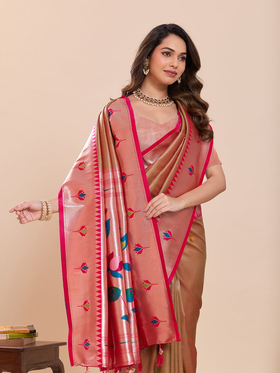 LOTUS PAITHANI ST-PINK AND GOLD