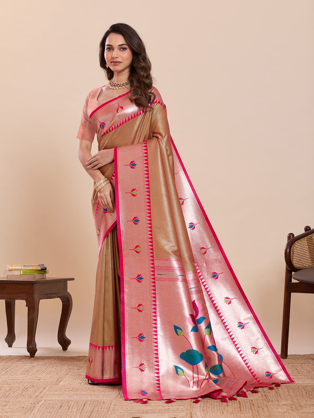 LOTUS PAITHANI ST-PINK AND GOLD