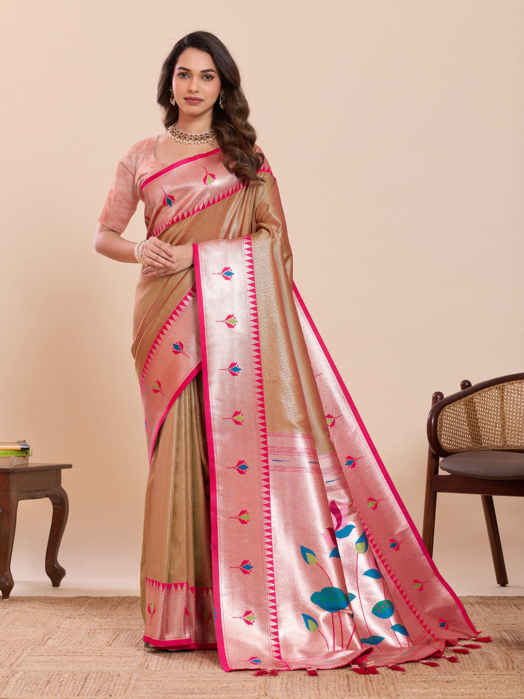 LOTUS PAITHANI ST-PINK AND GOLD