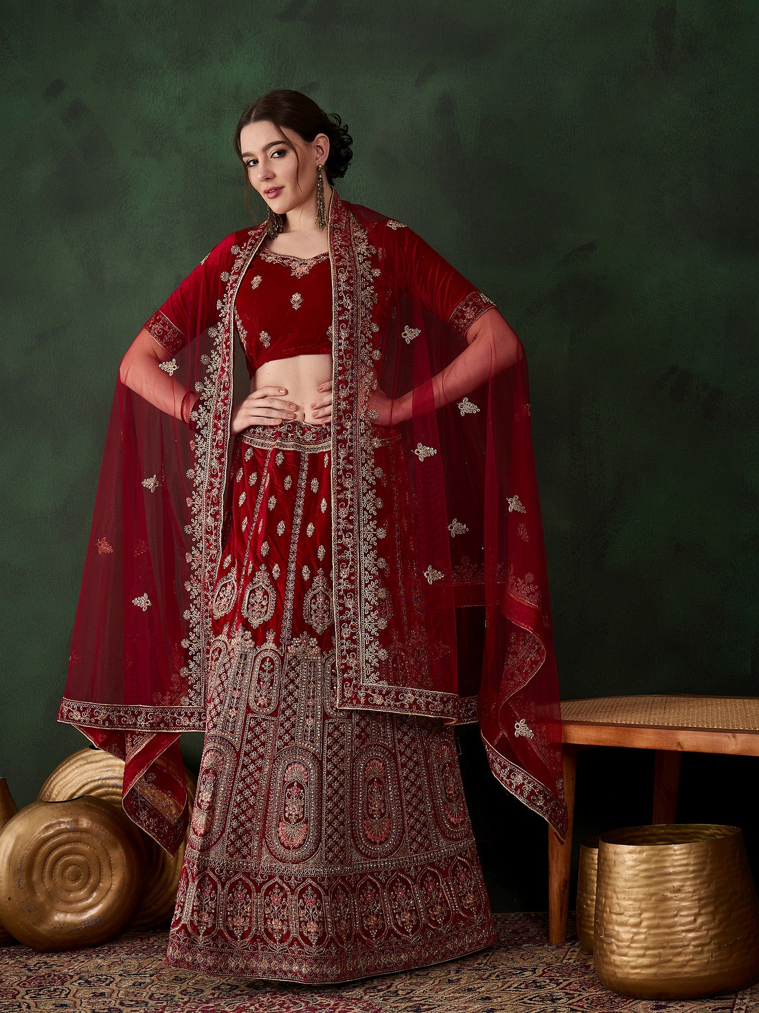 Intricate Heavy Zari Embroidery Velvet Lehenga