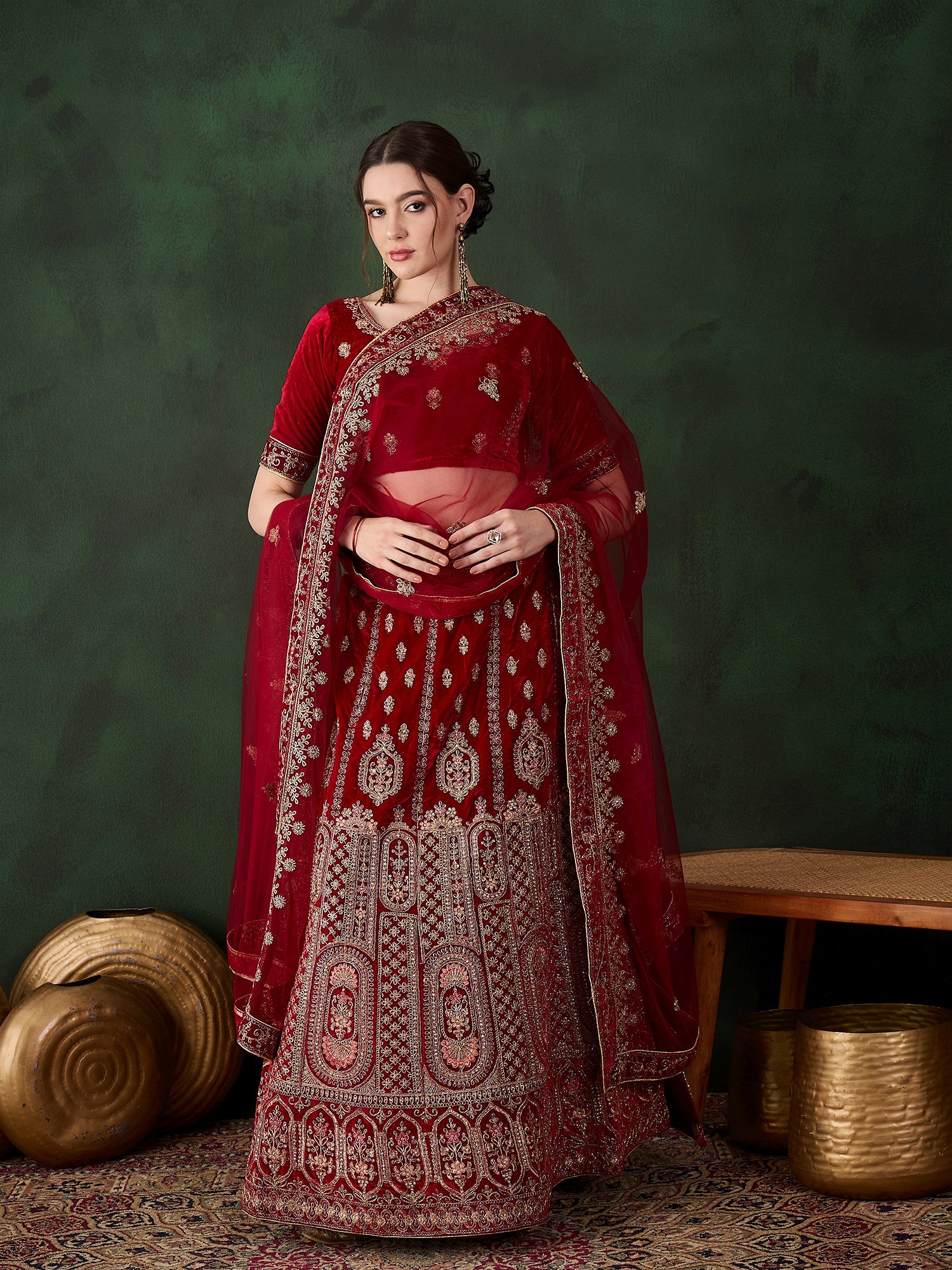 Intricate Heavy Zari Embroidery Velvet Lehenga
