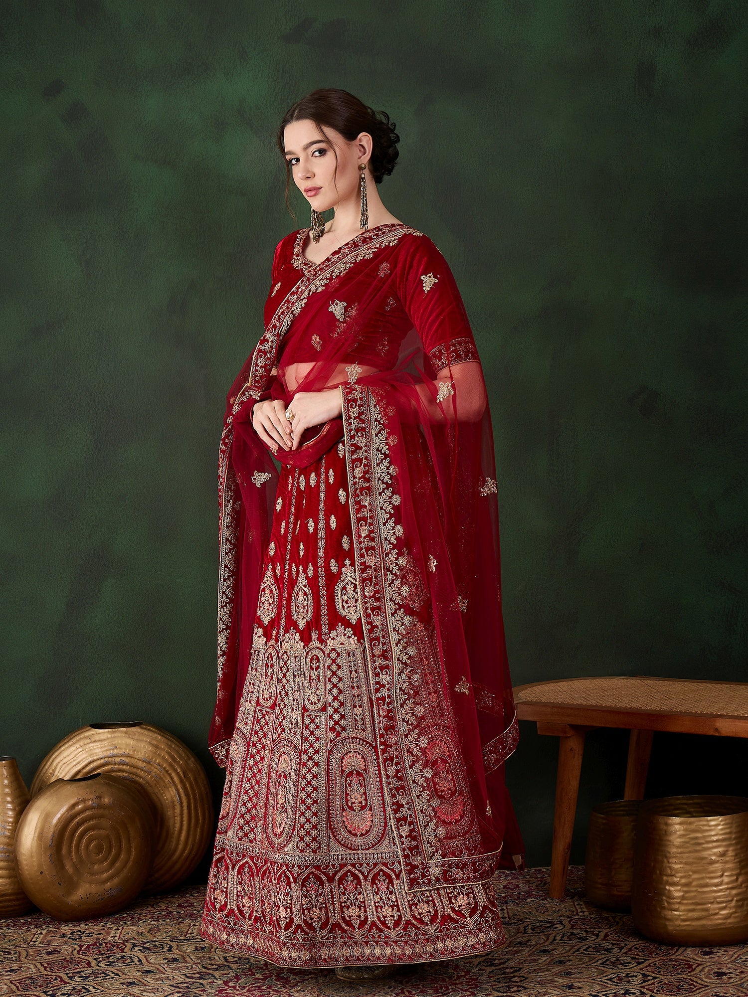 Intricate Heavy Zari Embroidery Velvet Lehenga