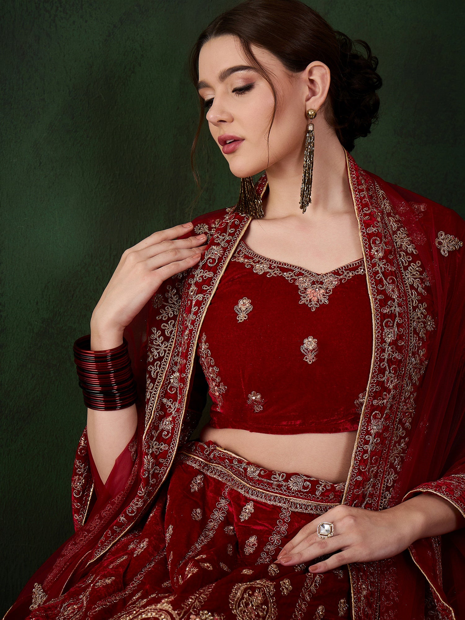 Intricate Heavy Zari Embroidery Velvet Lehenga
