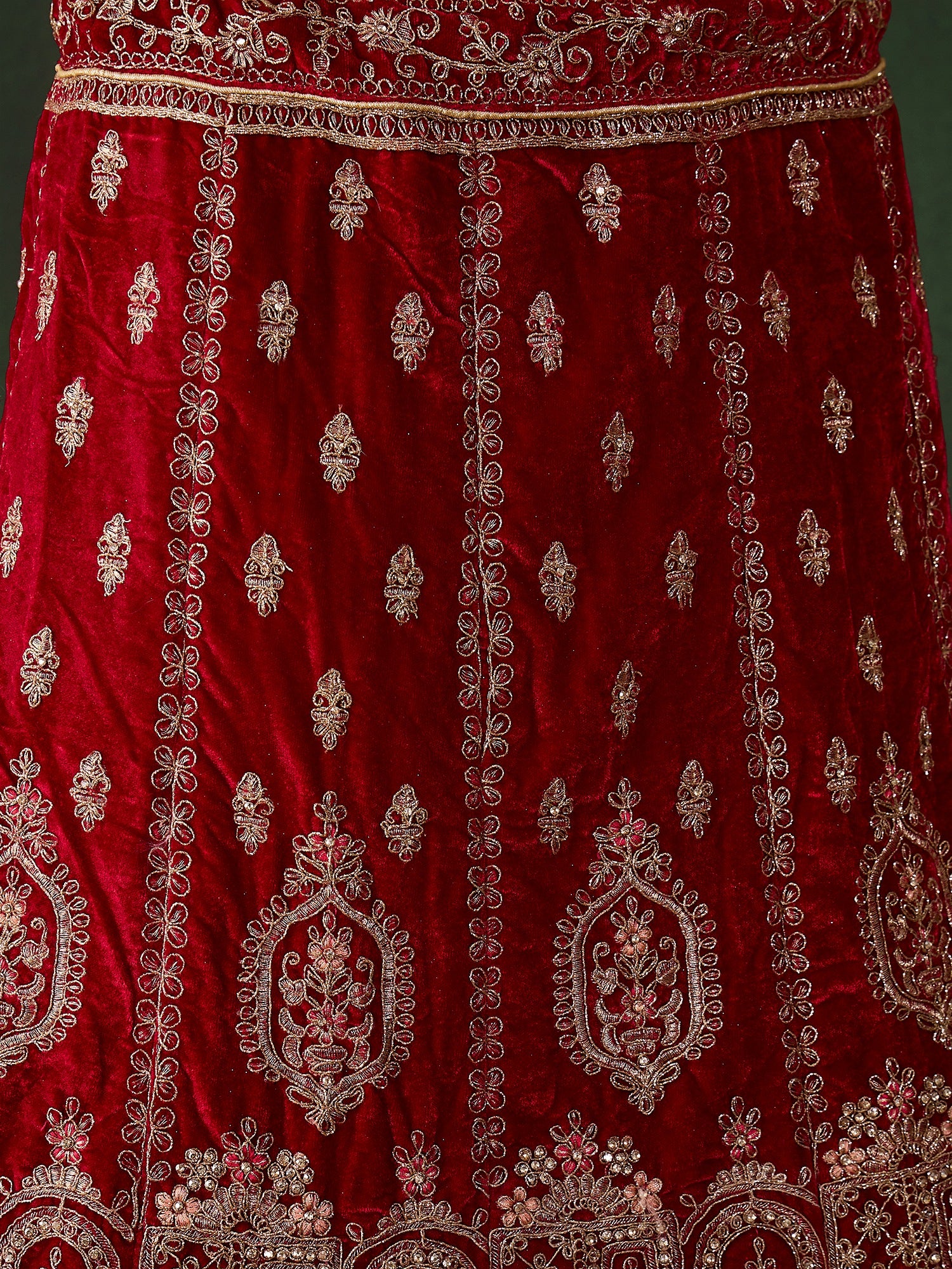 Intricate Heavy Zari Embroidery Velvet Lehenga