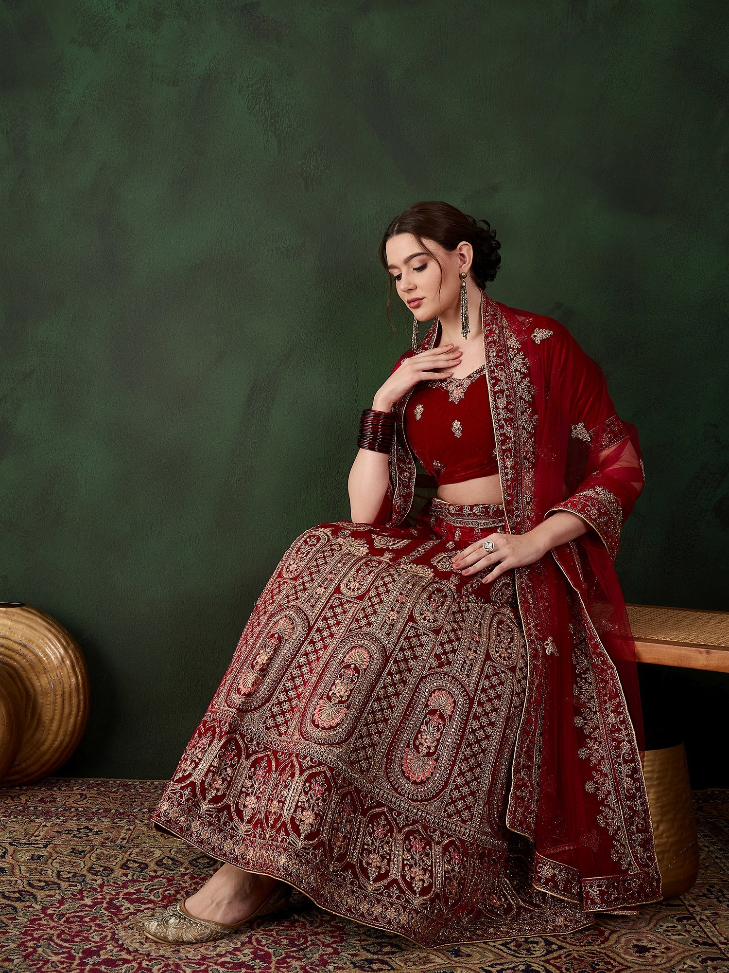 Intricate Heavy Zari Embroidery Velvet Lehenga