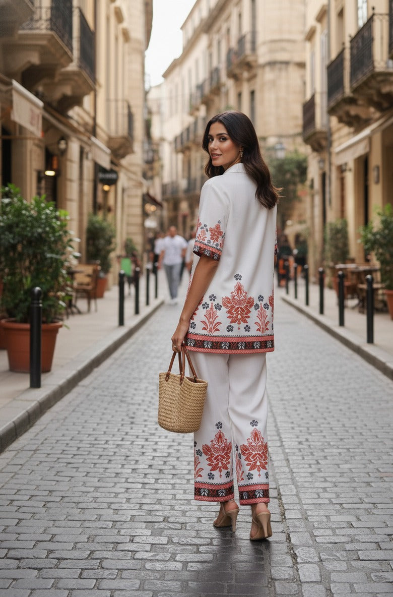 Cotton Printed Co-Ord Set - White