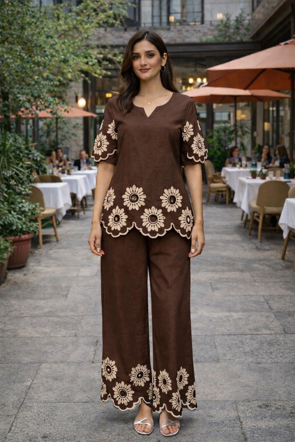 Midnight Flora Scalloped Co Ord Set Brown