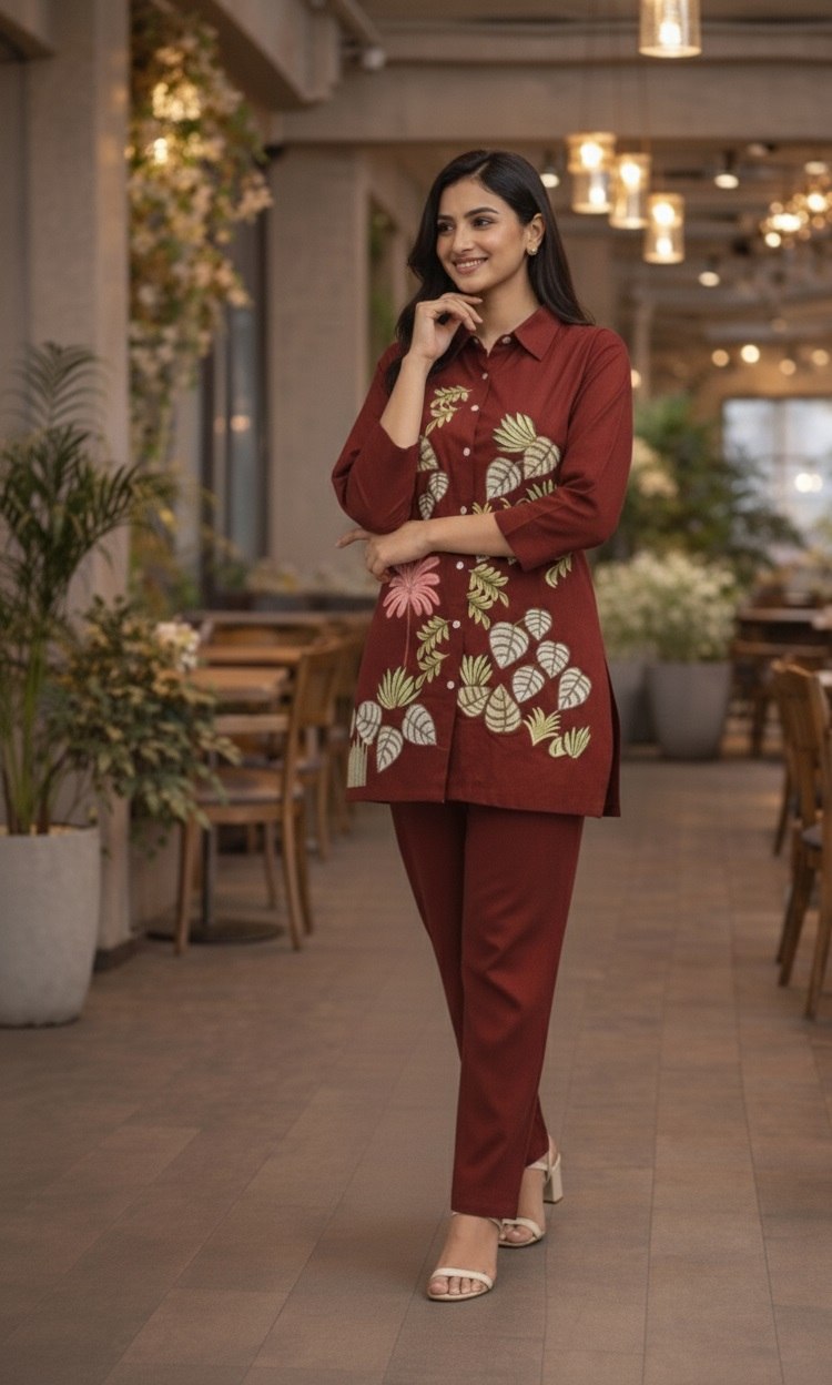 Botanical Print Maroon Co-Ord Set