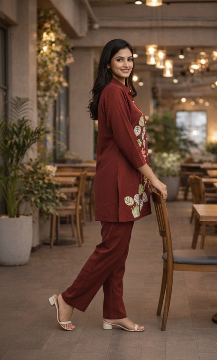 Botanical Print Maroon Co-Ord Set