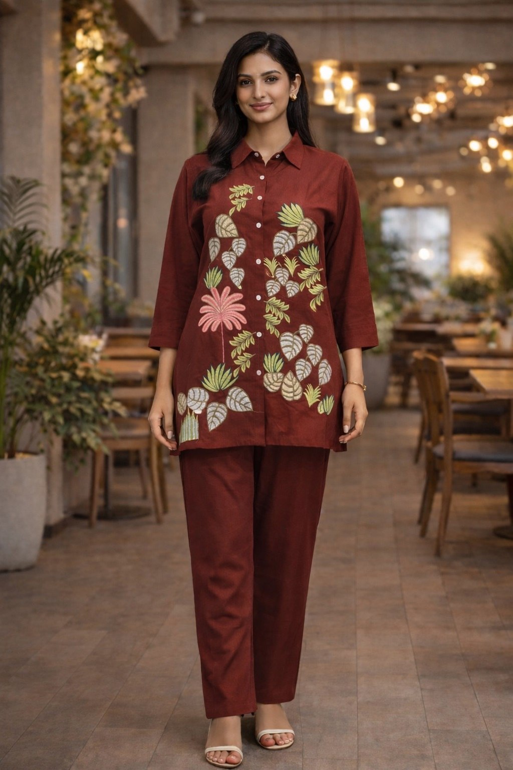 Botanical Print Maroon Co-Ord Set