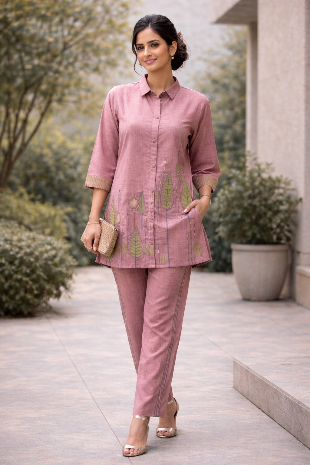 Poly Linen Cotton Embroidery Co-Ord Set Pink