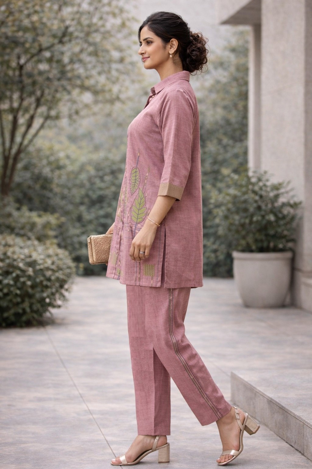 Poly Linen Cotton Embroidery Co-Ord Set Pink
