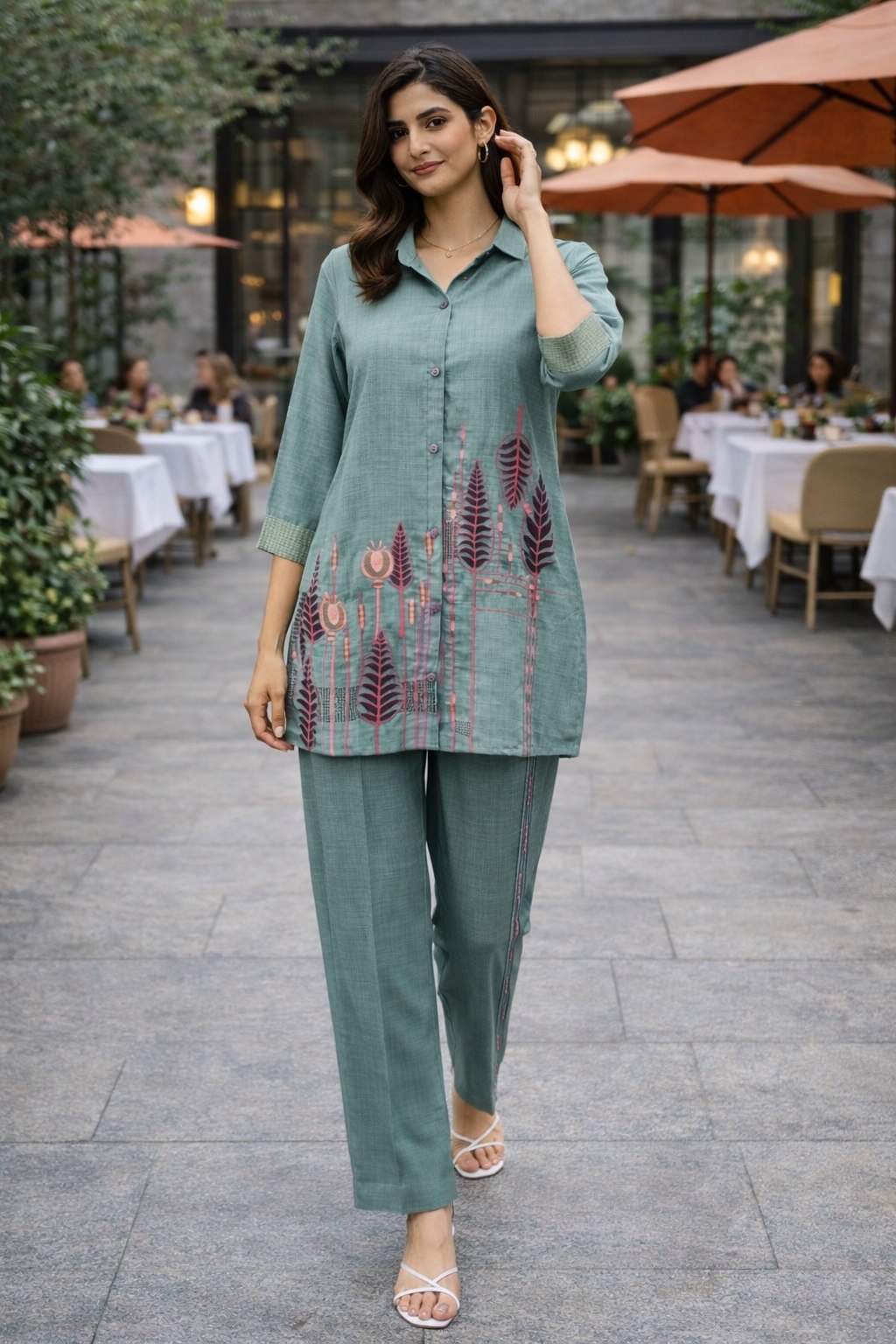 Poly Linen Cotton COORD SET Teal Green