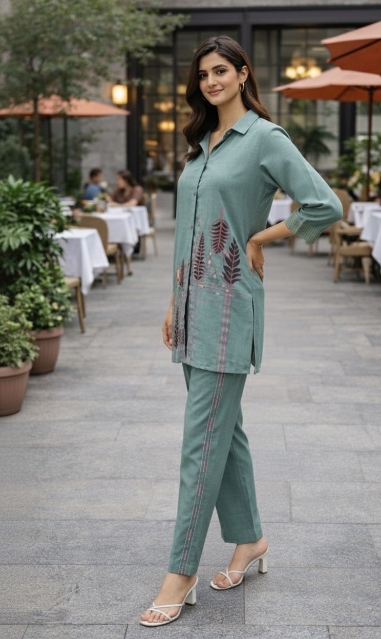 Poly Linen Cotton COORD SET Teal Green