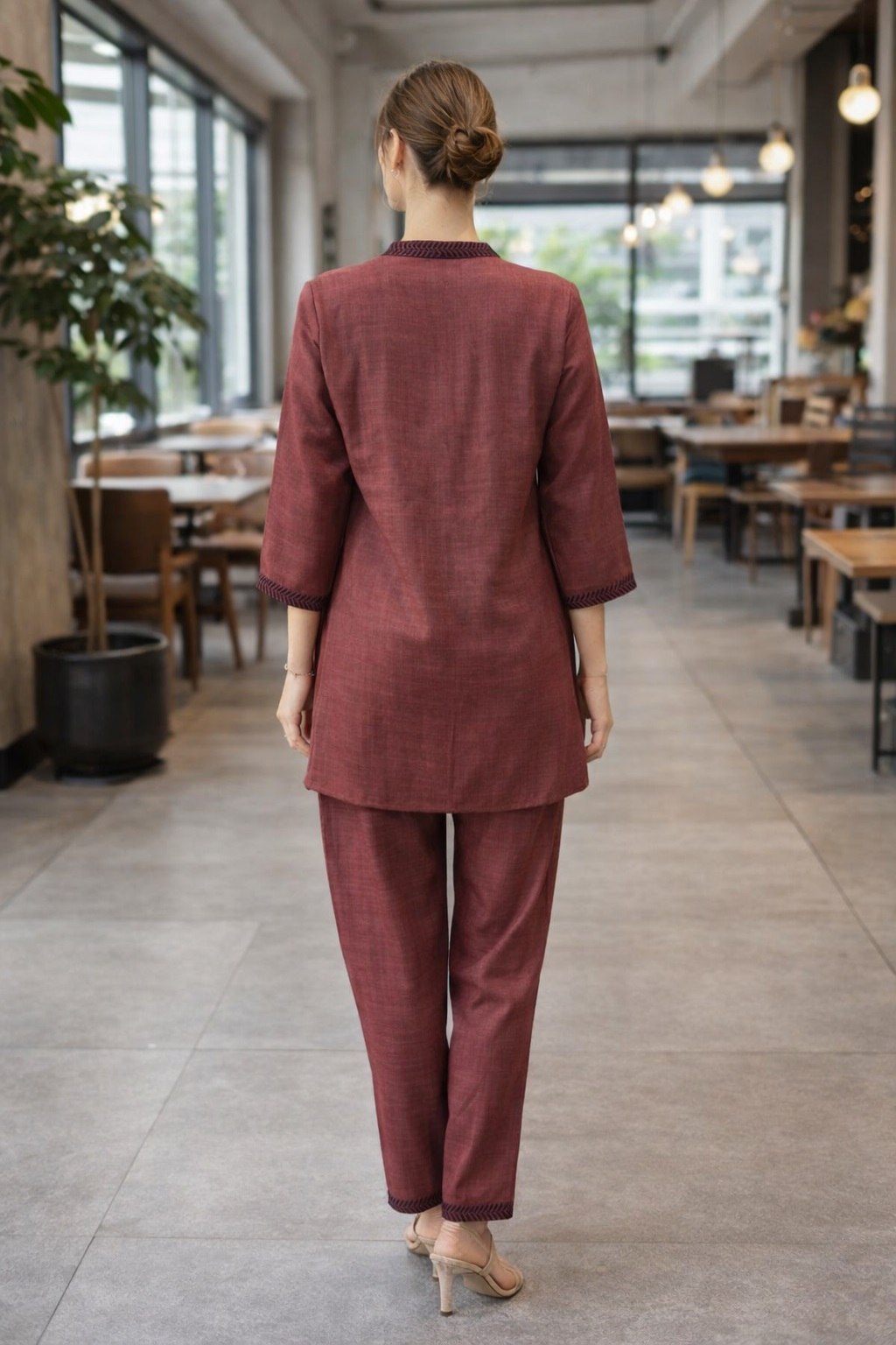 Floral Printed Poly Linen Cotton Co-Ord Set Maroon