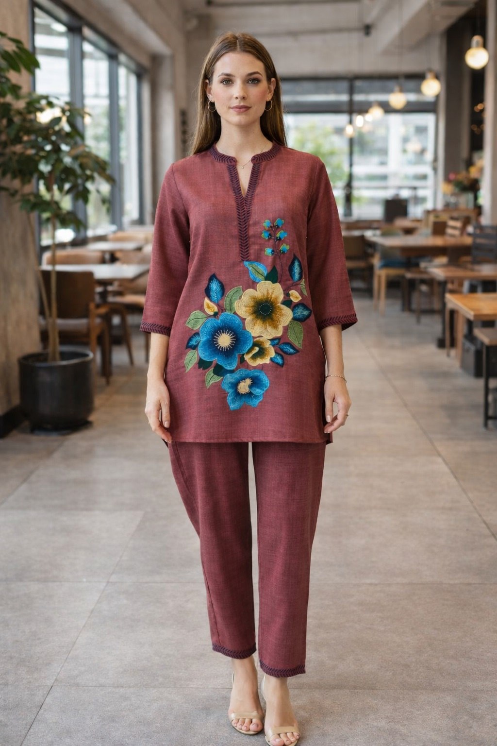 Floral Printed Poly Linen Cotton Co-Ord Set Maroon
