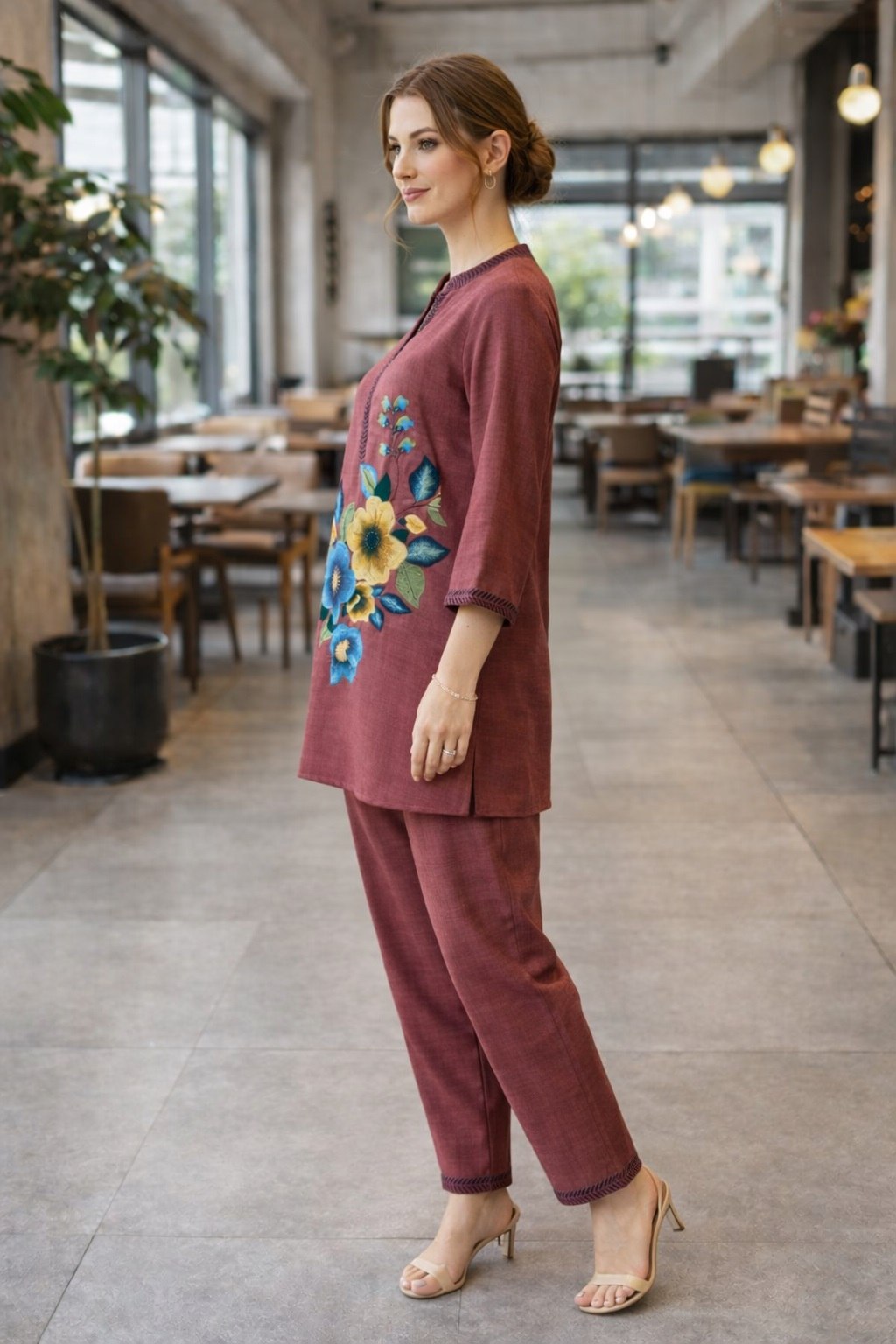 Floral Printed Poly Linen Cotton Co-Ord Set Maroon