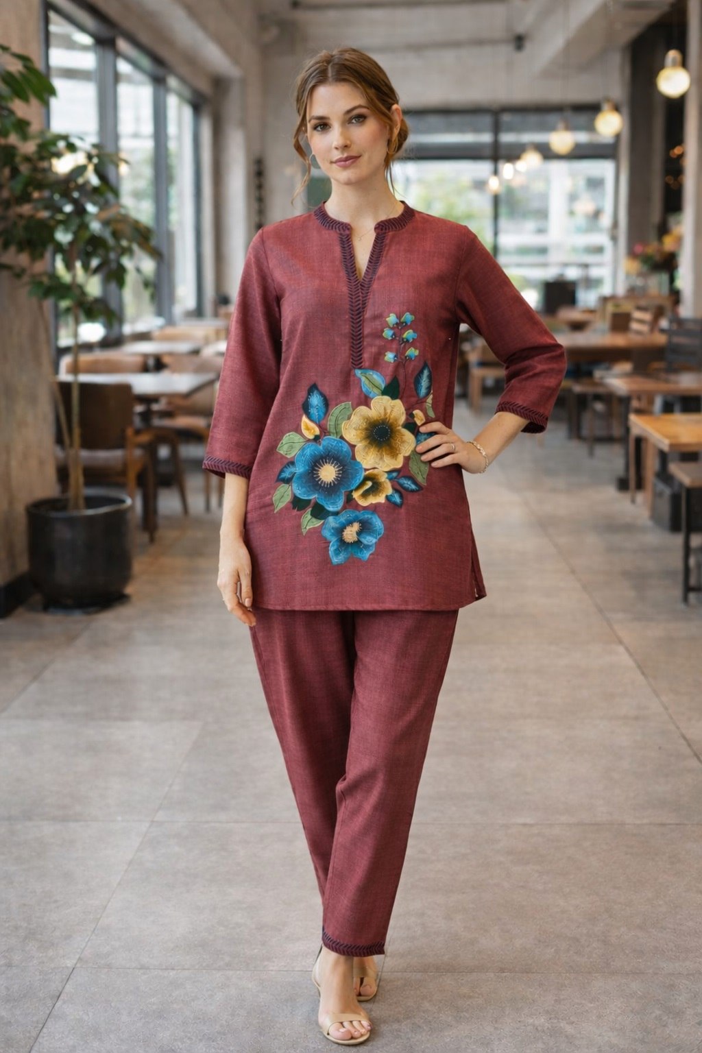 Floral Printed Poly Linen Cotton Co-Ord Set Maroon